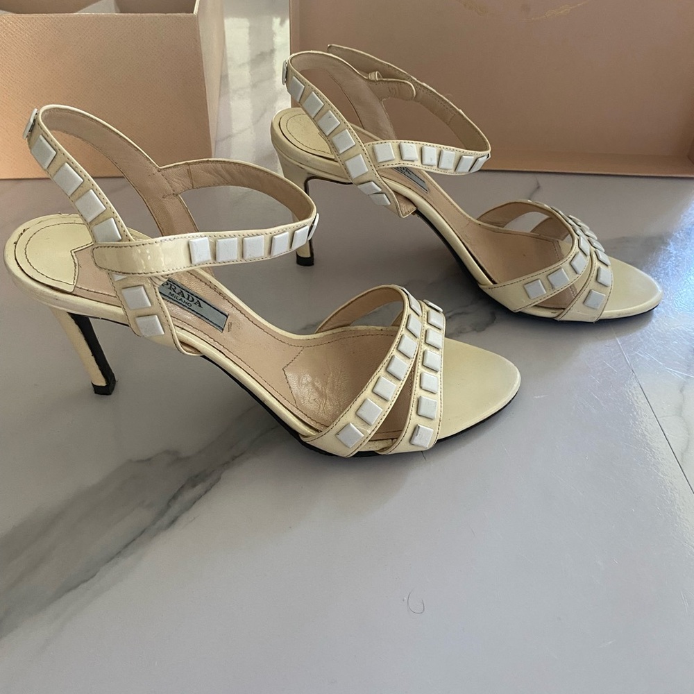 Prada Cream Strappy Heels with White Accents